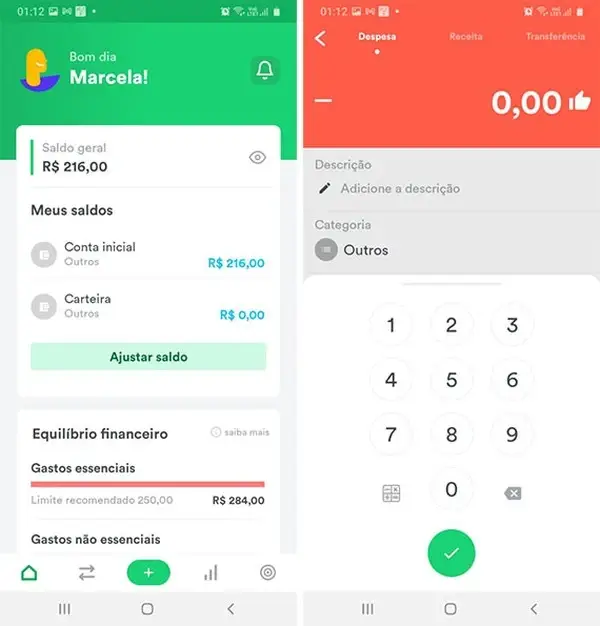 Interface de aplicativo de controle financeiro mostrando gráficos de gastos mensais